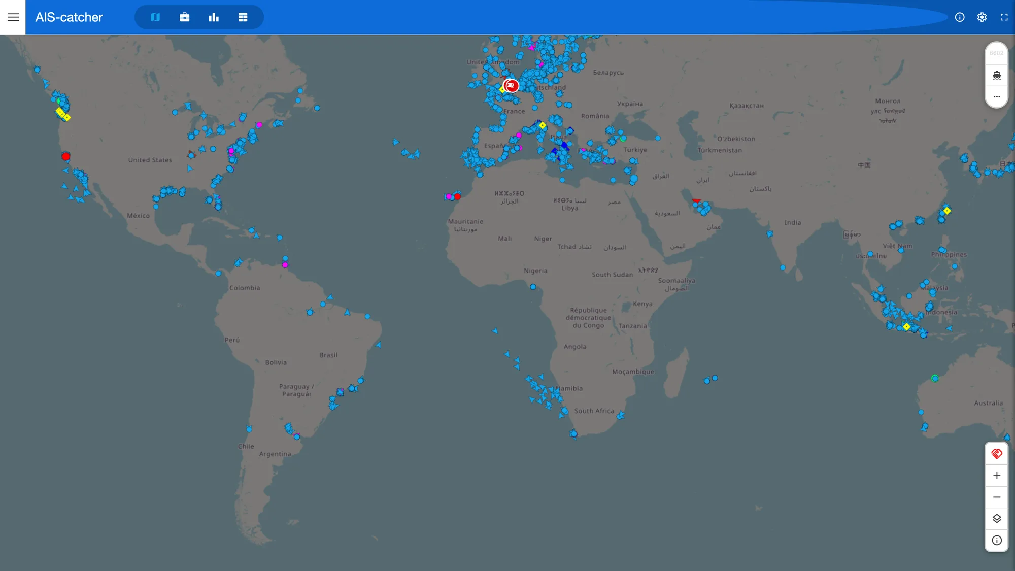 AIS-catcher's own web viewer showing 6,602 vessels worldwide: both coasts of North America, dense traffic across northern Europe and the Mediterranean, the Gulf, southeast Asia and Australia.