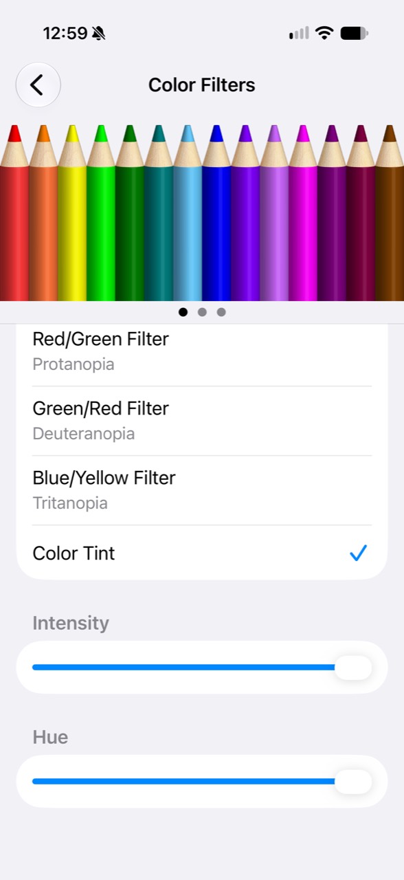 Color Tint settings scrolled down to show the Intensity and Hue sliders