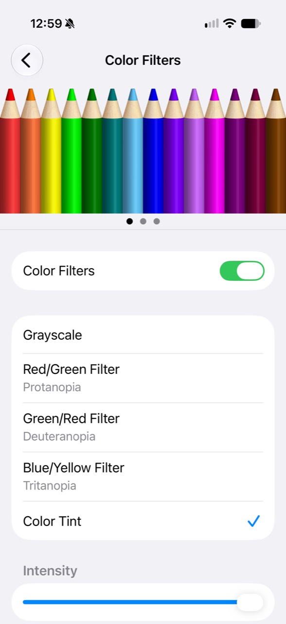 iPhone Color Filters settings with Color Tint selected