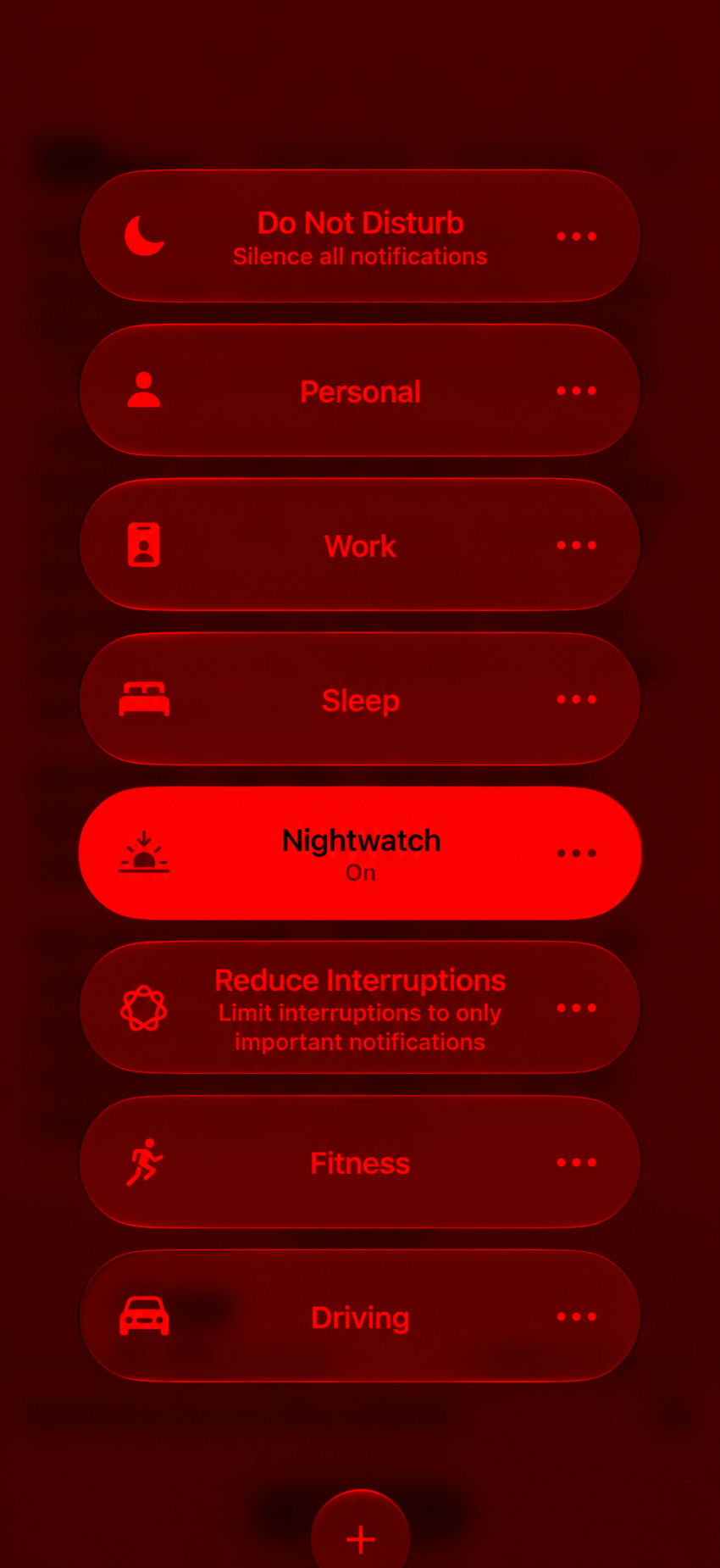 Illustrative red-tinted Control Center Focus list with Nightwatch marked On
