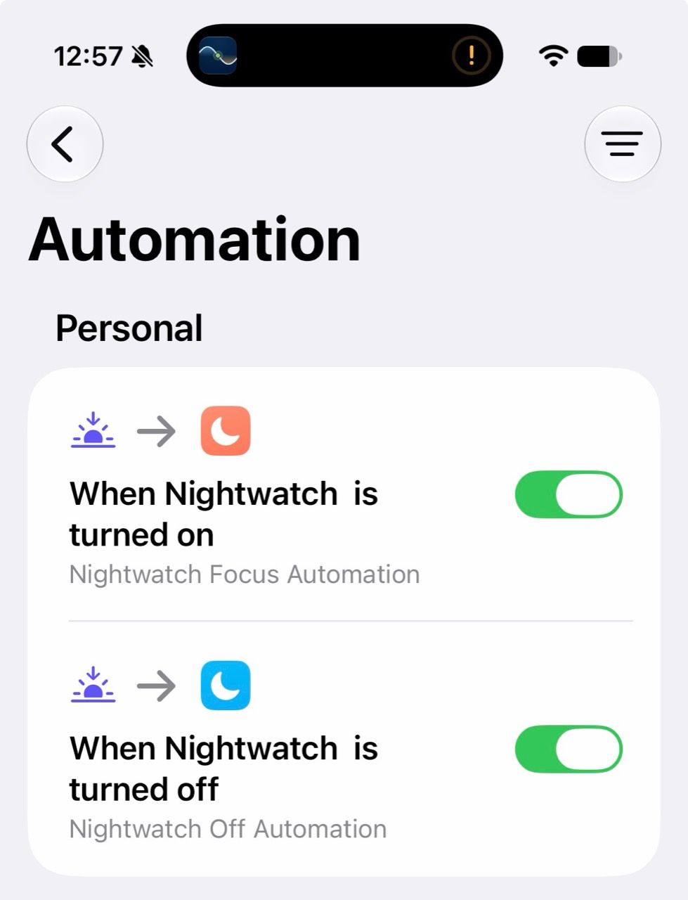 Enabled personal automations for Nightwatch turning on and turning off