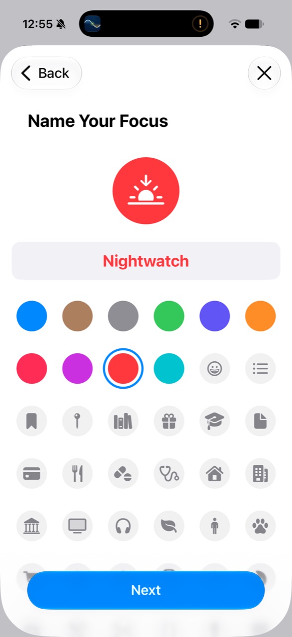 Custom Focus creation with Nightwatch, red icon color, and sunset glyph selected