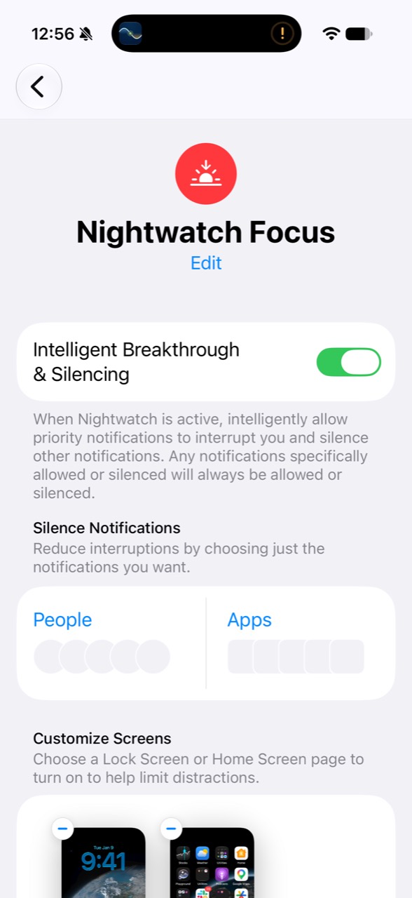 Nightwatch Focus settings showing notifications and Customize Screens
