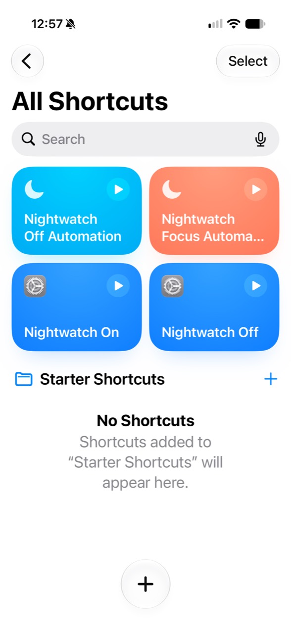 Shortcuts library showing Nightwatch On, Nightwatch Off, and two automation-related shortcuts