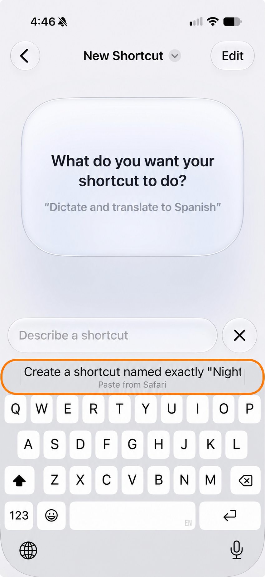 Shortcuts builder with the Paste from Safari clipboard suggestion above the keyboard outlined in orange